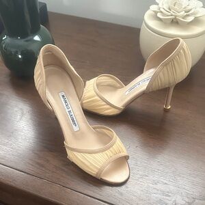 Manolo Blahnik Tan Peep-Toe Heels